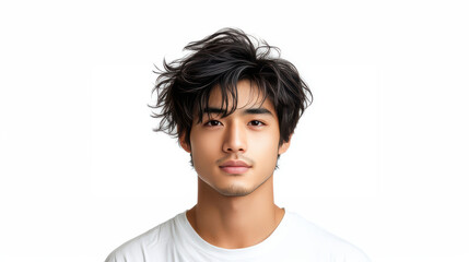 young Asian man with tousled black hair, wearing plain white t shirt, exuding relaxed vibe.