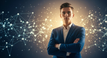 Confident Businessman in Blue Suit with Arms Crossed Against a Glowing Abstract Network Background Representing Global Digital Connectivity