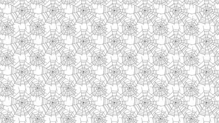 A repeating pattern of spiderwebs in black lines against a white background for halloween themes
