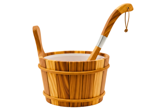 Traditional wooden bucket and ladle set for relaxation and wellness. isolated on a transparent background