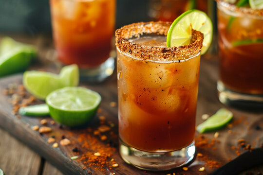 Traditional Mexican michelada cocktail with lime, chili powder rim, and ice in glass, refreshing spicy beer-based drink on rustic wooden table.