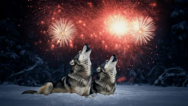 Wolves Howling at Fireworks in Snowy Forest - Two grey wolves sit in the snow, their heads tilted up towards a vibrant fireworks display in the night sky.