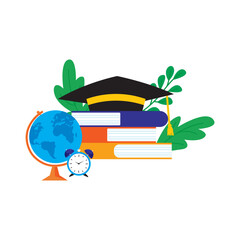 Black Graduation Cap with Yellow Tassel on Colorful Books, Blue Globe, and Alarm Clock for Education