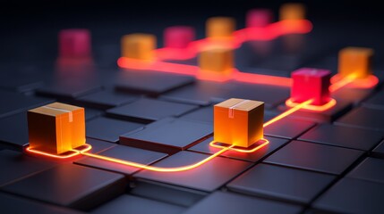 Glowing three-dimensional orange and red boxes arranged on a grid-like surface, connected by bright neon lines emitting warm light, futuristic digital network aesthetic.