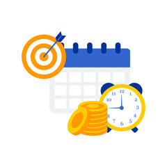 Orange Target with Blue Arrow, Blue Calendar, Yellow Alarm Clock, and Gold Coins for Timely Goals