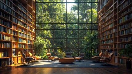 Sunlit library with panoramic forest views