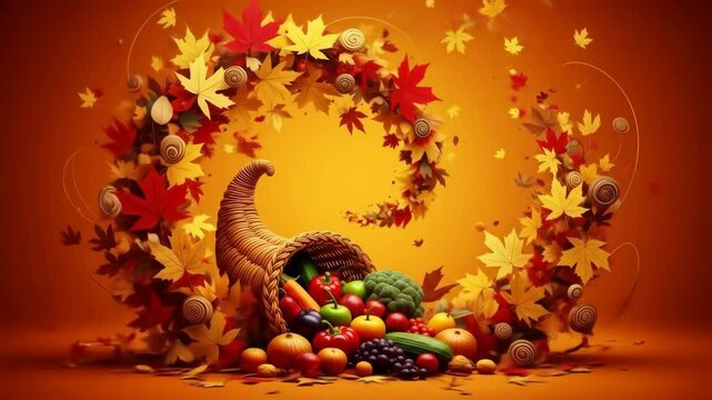 Autumn Abundance: Cornucopia of Thanksgiving Harvest - A digital illustration of a cornucopia overflowing with autumn vegetables and fruits, surrounded by swirling fall leaves in warm, autumnal