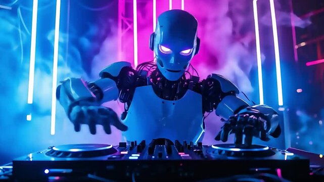 A futuristic robot DJ mixes music in a vibrant nightclub, surrounded by lively partygoers enjoying the energetic atmosphere