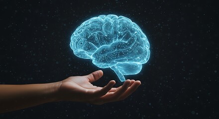 hand holding digital brain. digital mind. mind tech. a hand holding digital human brain anatomy. a palm holding a digital human brain anatomy. 