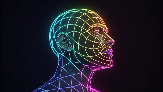 Neon grid human head profile with rainbow gradient on a dark background in digital art style