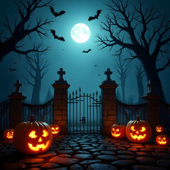 Fototapeta premium Glowing Pumpkins on Stone Path to Spooky Gate at Night