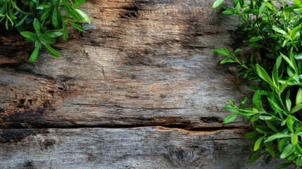 Rustic wooden planks create a textured backdrop softened by fresh green foliage framing the edges offering a natural touch and contrast
