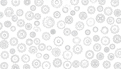 A dense, white background scattered with numerous grey, line-drawn cogs and gears of varying sizes, creating a complex, mechanical texture