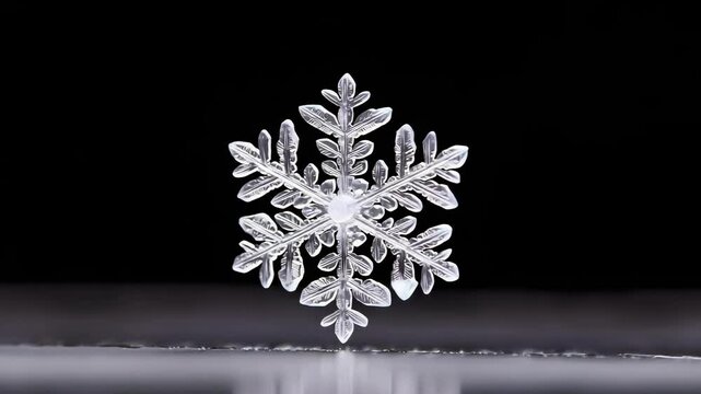 A close-up of a delicate snowflake with intricate, symmetrical patterns and a crystal-like structure.