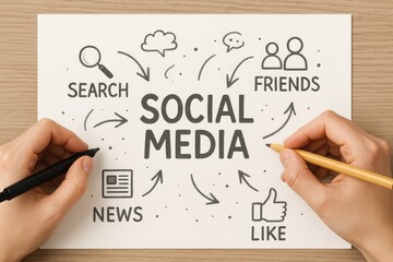 Social Media Strategy Sketch Hands Drawing Arrows News Friends Like Search on White Paper