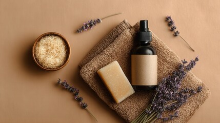 Relaxing spa essentials flat lay: natural soap aromatherapy spray soft towel loofah and lavender against a calming brown backdrop