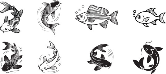 Fish Vector Icon Set | Line Art Black and White Illustration on Blank Background