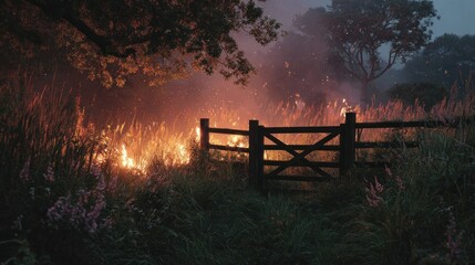 Fiery field at twilight, flames near fence