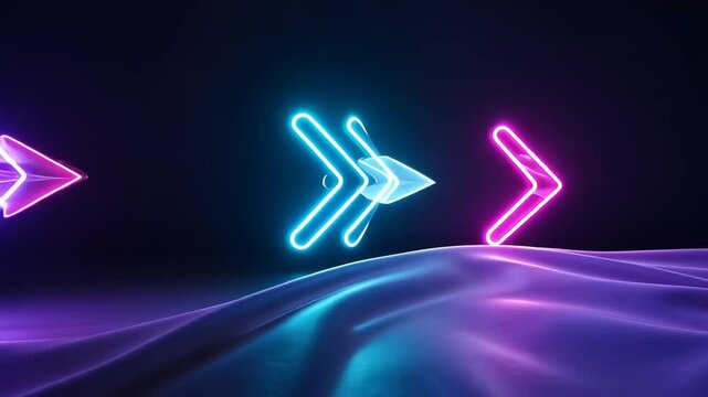 Dynamic Neon Arrows Pointing Forward on a Dark Background with Blue and Purple Glowing Wave Surface for Adobe Stock Photo
