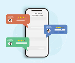 A vector of customer satisfaction concepts, showing user reviews and star rating feedback on smartphone and computer screens. This  design is perfect for representing online surveys