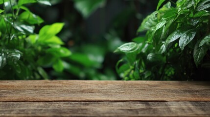 Rustic wooden surface with lush green foliage background perfect for showcasing natural products or food presentation serene ambiance