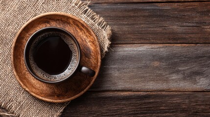 Top-down view of a mug of coffee on a wooden saucer resting on a burlap cloth and set atop a rustic wooden surface