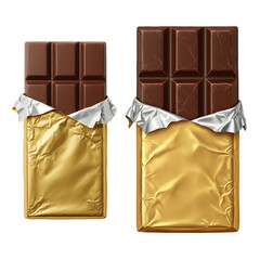 Delicious dark chocolate bar partially unwrapped in golden foil isolated on transparent background