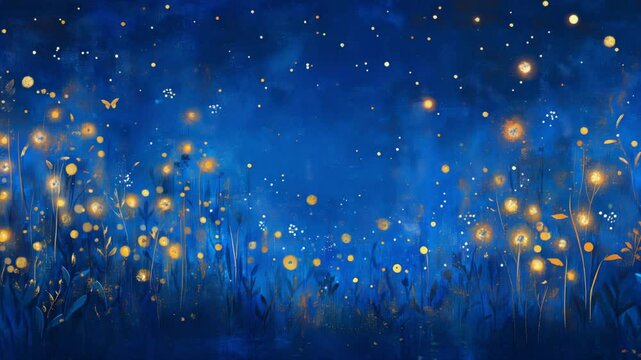 Animation of starry summer night with glowing fireflies