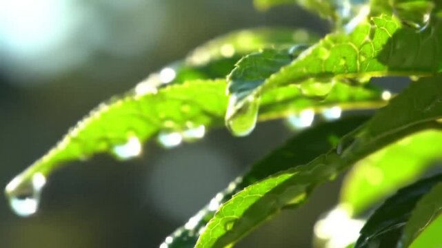 Macro shot of rain droplets falling on green leaves, dripping slowly in soft light, ambient natural sound implied, cinematic bokeh style background, seamless 4K loop.