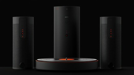 Three cylindrical black audio speakers on a dark background.  Each speaker has a textured surface and a small ring of red lights.  The central speaker sits on a circular base