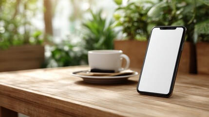Modern phone with blank screen on a wooden table next to a cup of coffee and plants in the background Relaxing peaceful scene