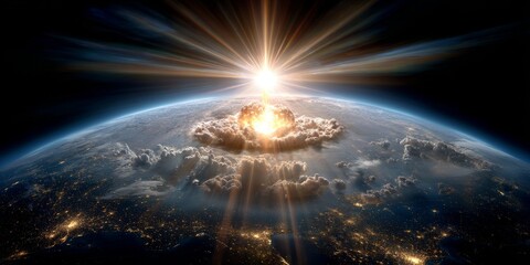 Nuclear explosion destroying planet earth from space