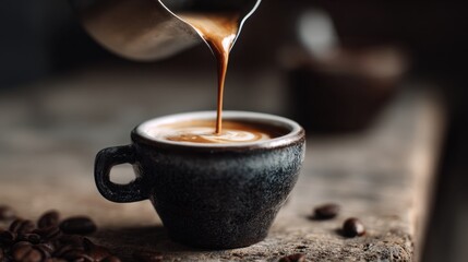 Espresso Pour: A single shot of rich espresso being poured into a small dark mug with coffee beans scattered on the wood surface
