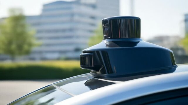 A lidar sensor mounted on the roof of a vehicle, designed for autonomous driving in an urban environment.