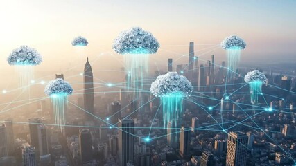 A futuristic cityscape is interconnected by a network of digital clouds symbolizing cloud computing and data connectivity - Powered by Adobe