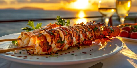 Grilled lobster enjoying sunset dinner with wine by the sea
