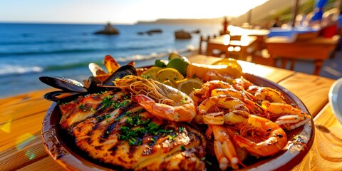 Grilled seafood platter with shrimp, mussels, and fish enjoying a stunning sunset view over the ocean