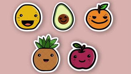 A set of 5 silly child-friendly fruit vector characters. Apple, Pineapple, Orange, Lemon and Alvacato.
