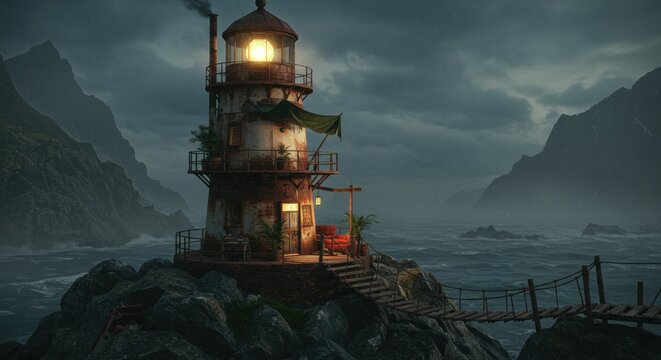 Secluded Lighthouse on Rocky Outcrop with Suspension Bridge in Stormy Ocean at Dusk