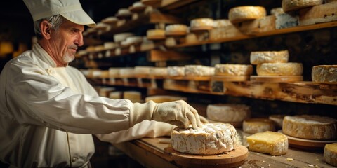 Cheesemaker checking wheels of cheese aging in cellar
