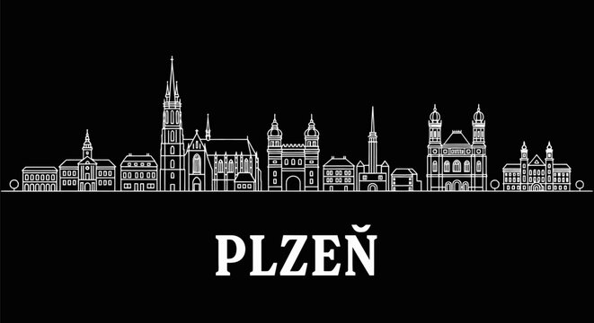 Plzen Czech Republic Skyline White Outline.