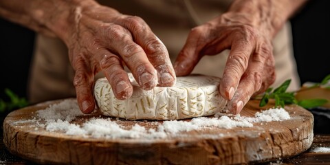 Cheesemaker pressing fresh cheese wheel on wooden board