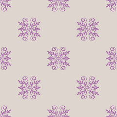 Purple Damask Seamless Pattern on Light Beige Background
