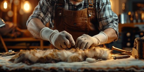 Furrier working with pelt, sewing fur skin in workshop