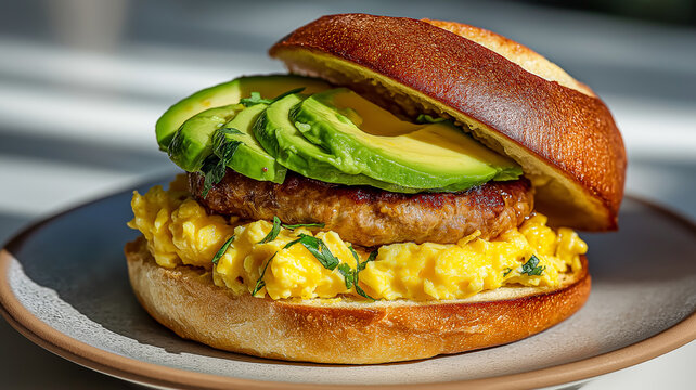 Breakfast sandwich with scrambled eggs, avocado, and sausage patty
