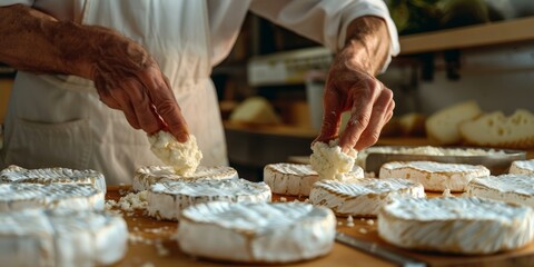 Cheesemaker adding mold to cheese wheels in traditional dairy