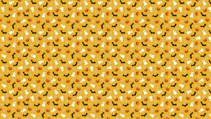 A halloween themed pattern with pumpkins bats and ghosts on a yellow orange colored background design