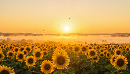 Obraz premium Blooming sunflowers at dawn with warm sunrise light, summer serenity