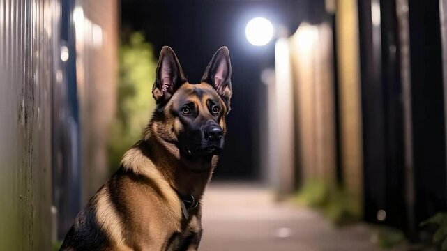 A dog with alert ears is sitting in a dimly lit alley, illuminated by a distant streetlight.