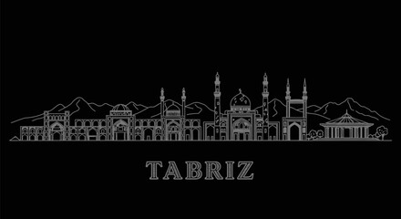 Tabriz skyline with Iran, city, vector, and black background.